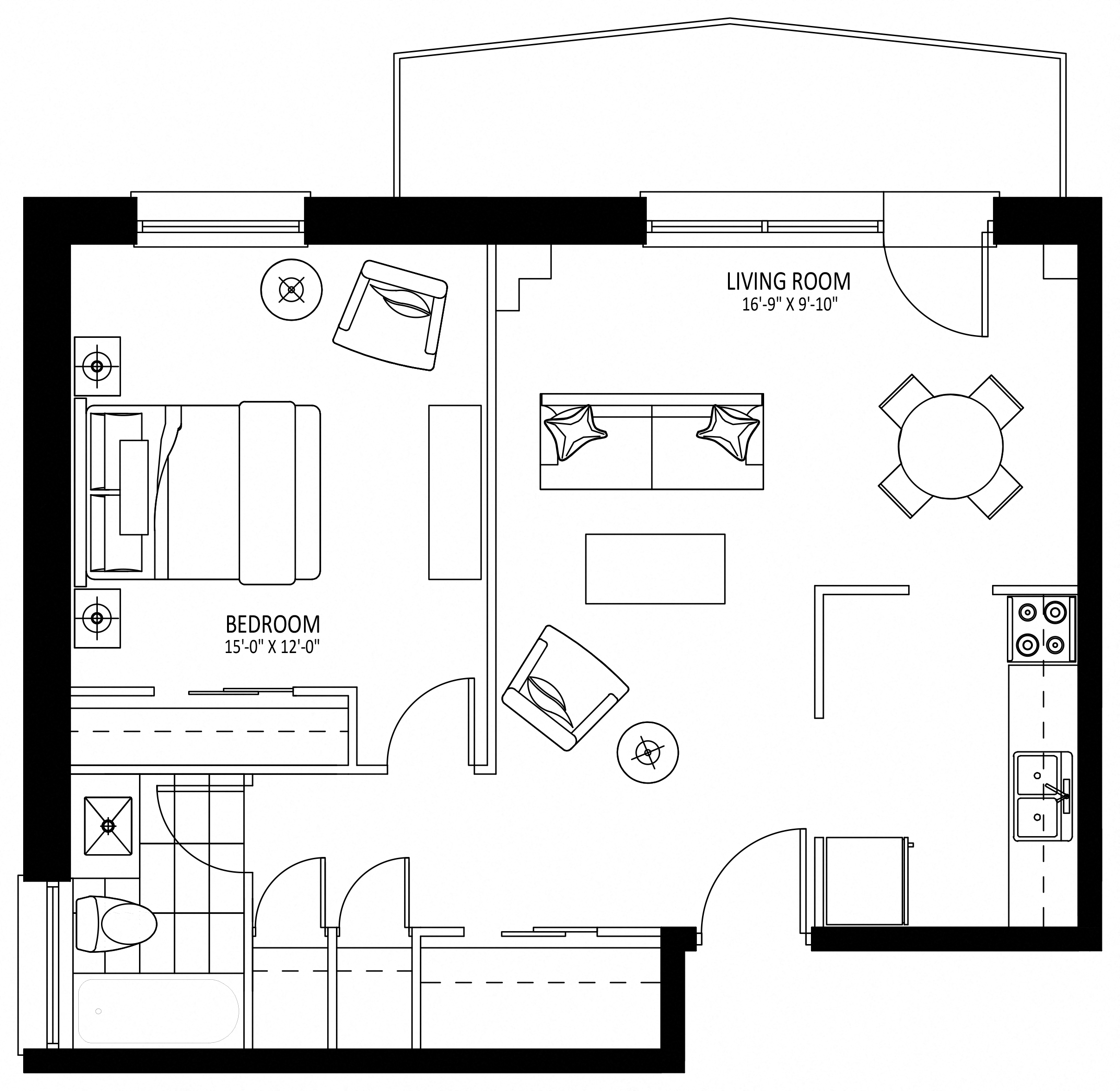 Floor plan for 1 bed, 1 bath, 713 sqft